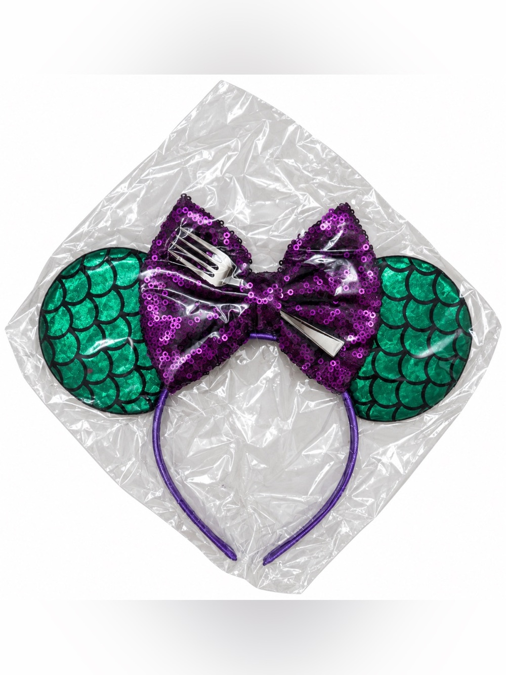 Mermaid Green Scale Sequin Ears Purple Bow Headband